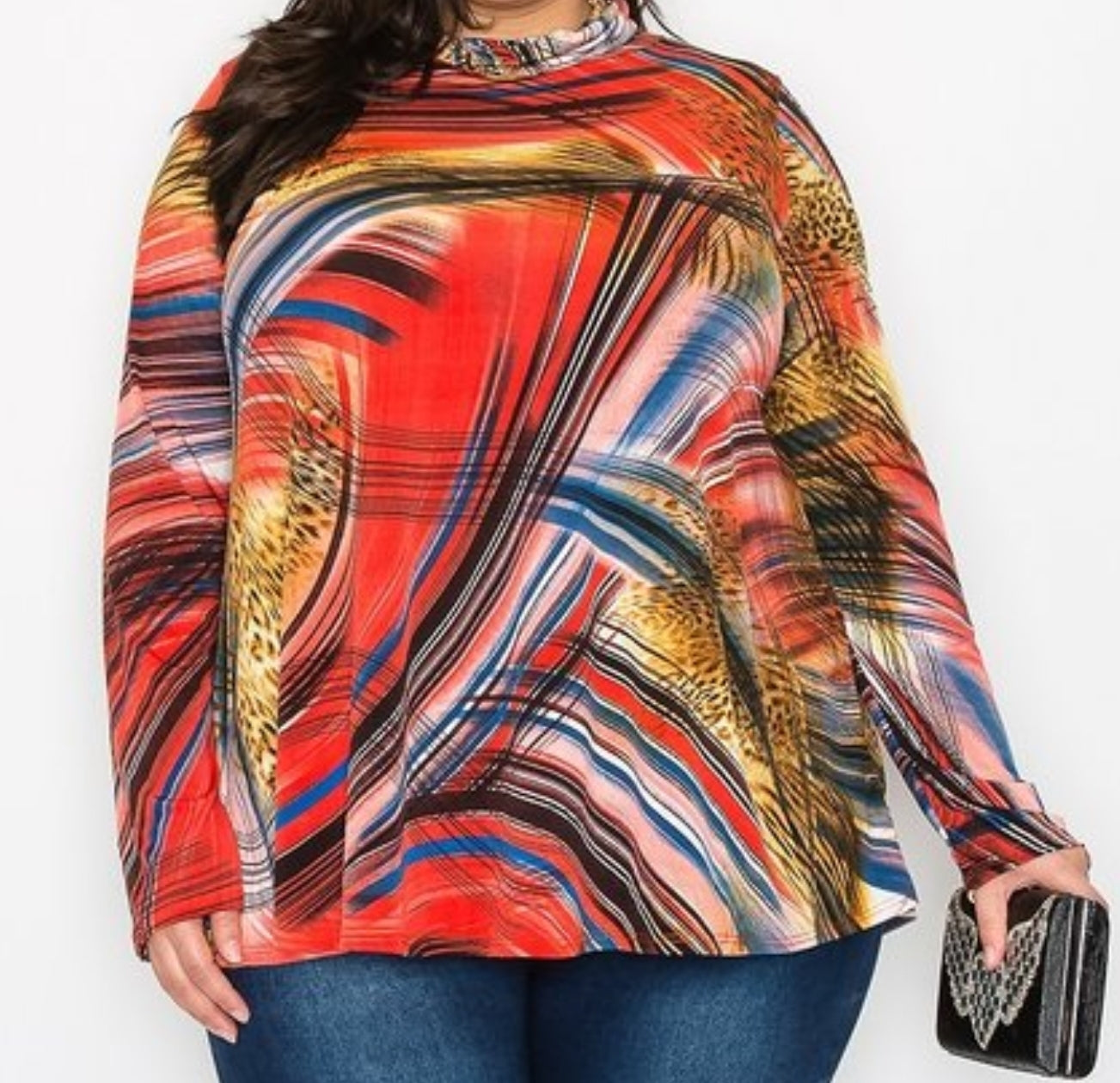 Plus Multi Red Top with Relaxed Cow Neck