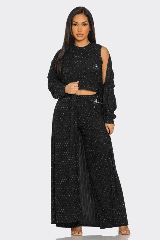 Rhinestone Pant Set with Cardigan