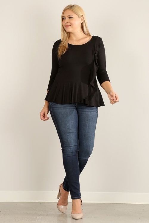 Plus Ribbed 3/4 Ruffle Top