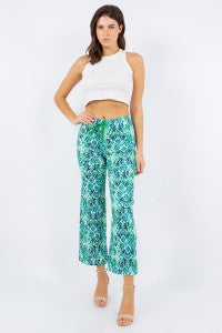 Ribbed Drawstring Print Ankle Pants