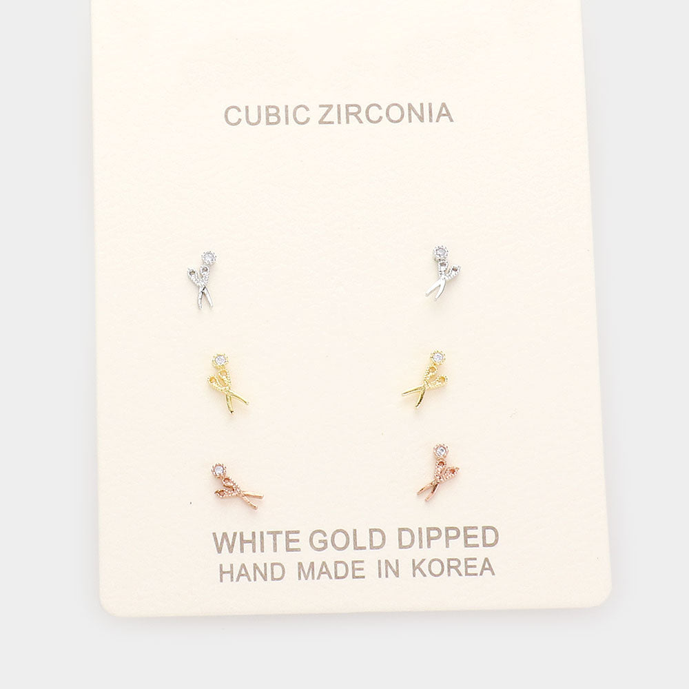 Stylist Cz Scissors Stud Earrings/ 3 pack