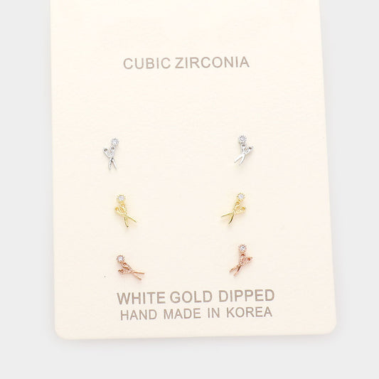 Stylist Cz Scissors Stud Earrings/ 3 pack
