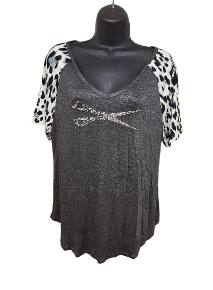 Stylist Gray Leopard Print Scissor Accent Top