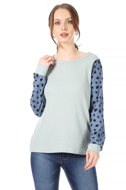 Polka Dot Printed Sleeve Waffle Fabric Top
