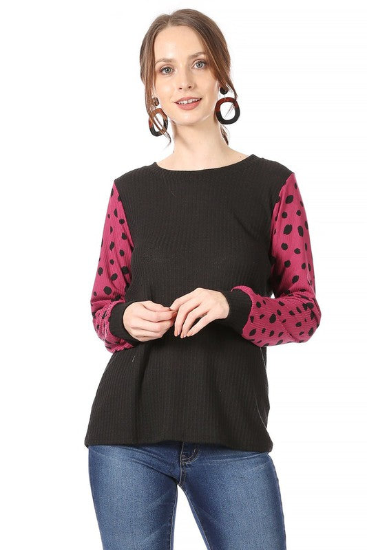 Polka Dot Printed Sleeve Waffle Fabric Top