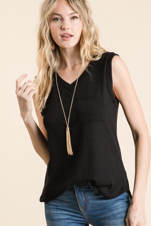 Sleeves V Neck Waffle Top