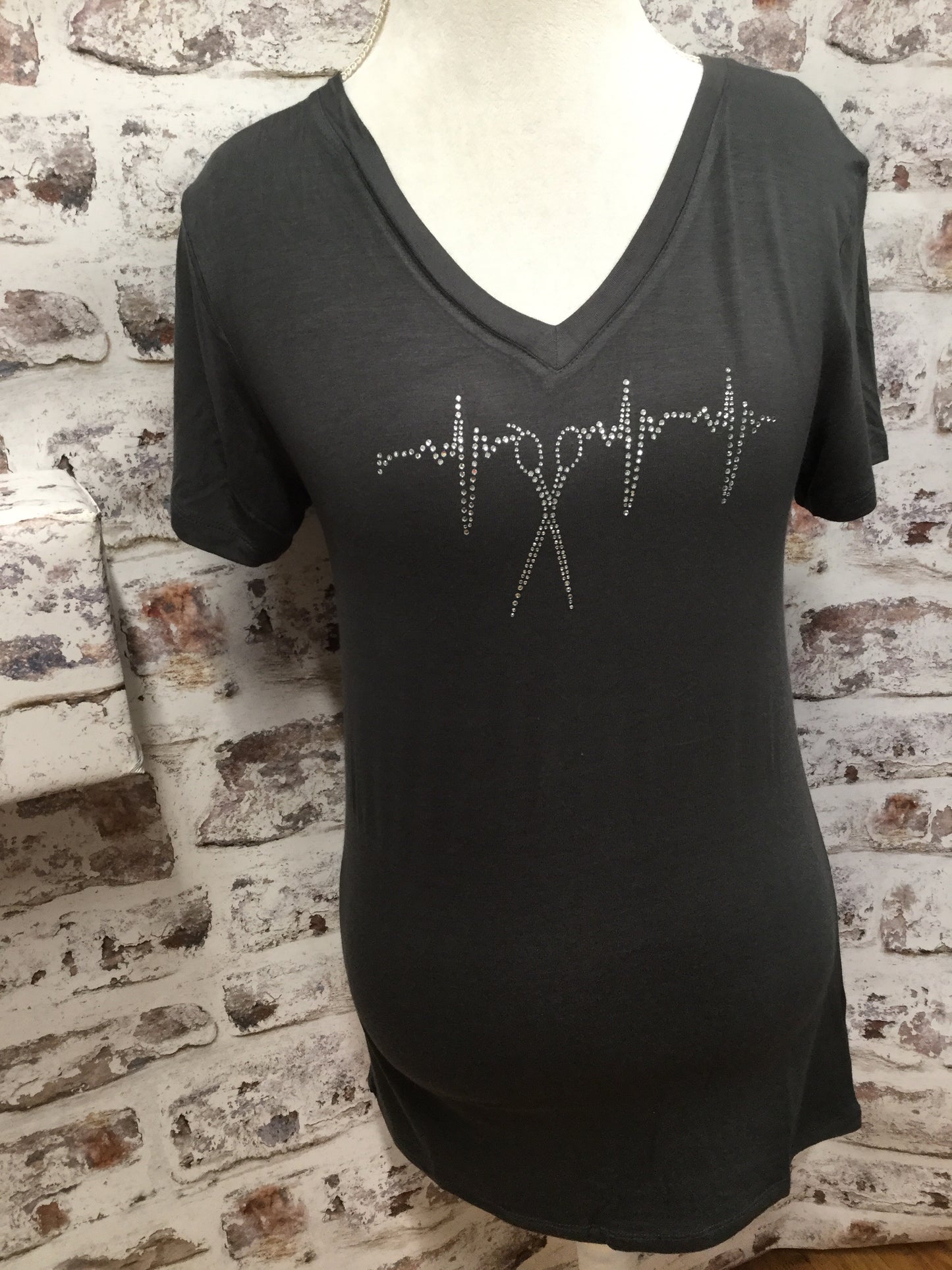 Slate Gray V Neck with Clear Scissor Heartbeat Rhinestones