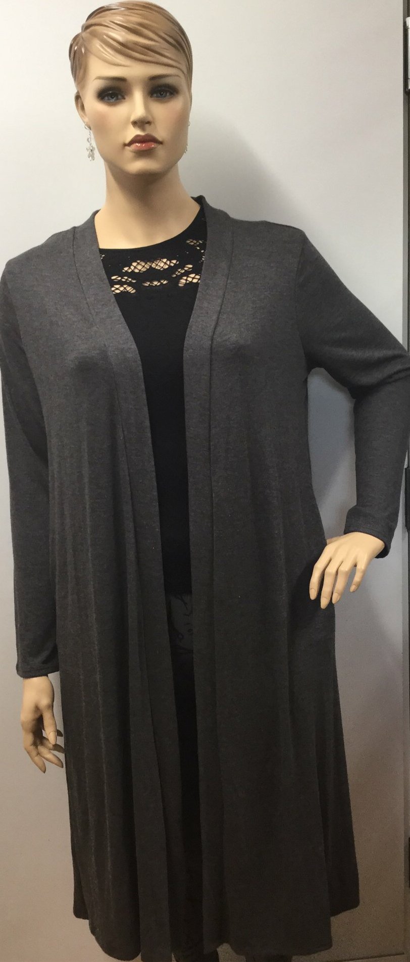 Stylist Plus Size Long Sleeve Gray Cardigan with Pockets and Scissor Rhinestone