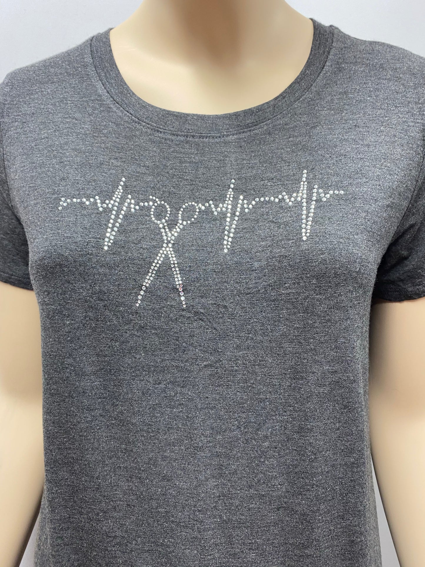 Short Sleeve Gray Classic Tee with Heartbeat Scissor Rhinestone
