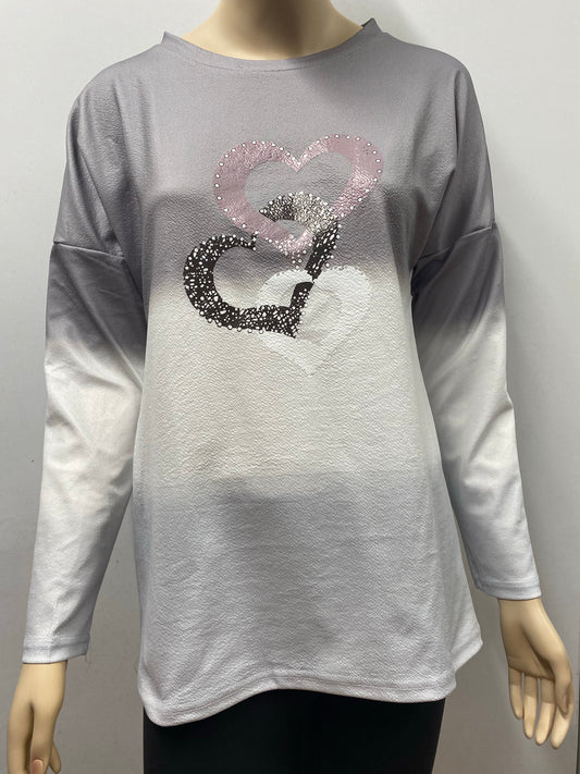 Grey Dip Dye Long Sleeve Top with Hearts