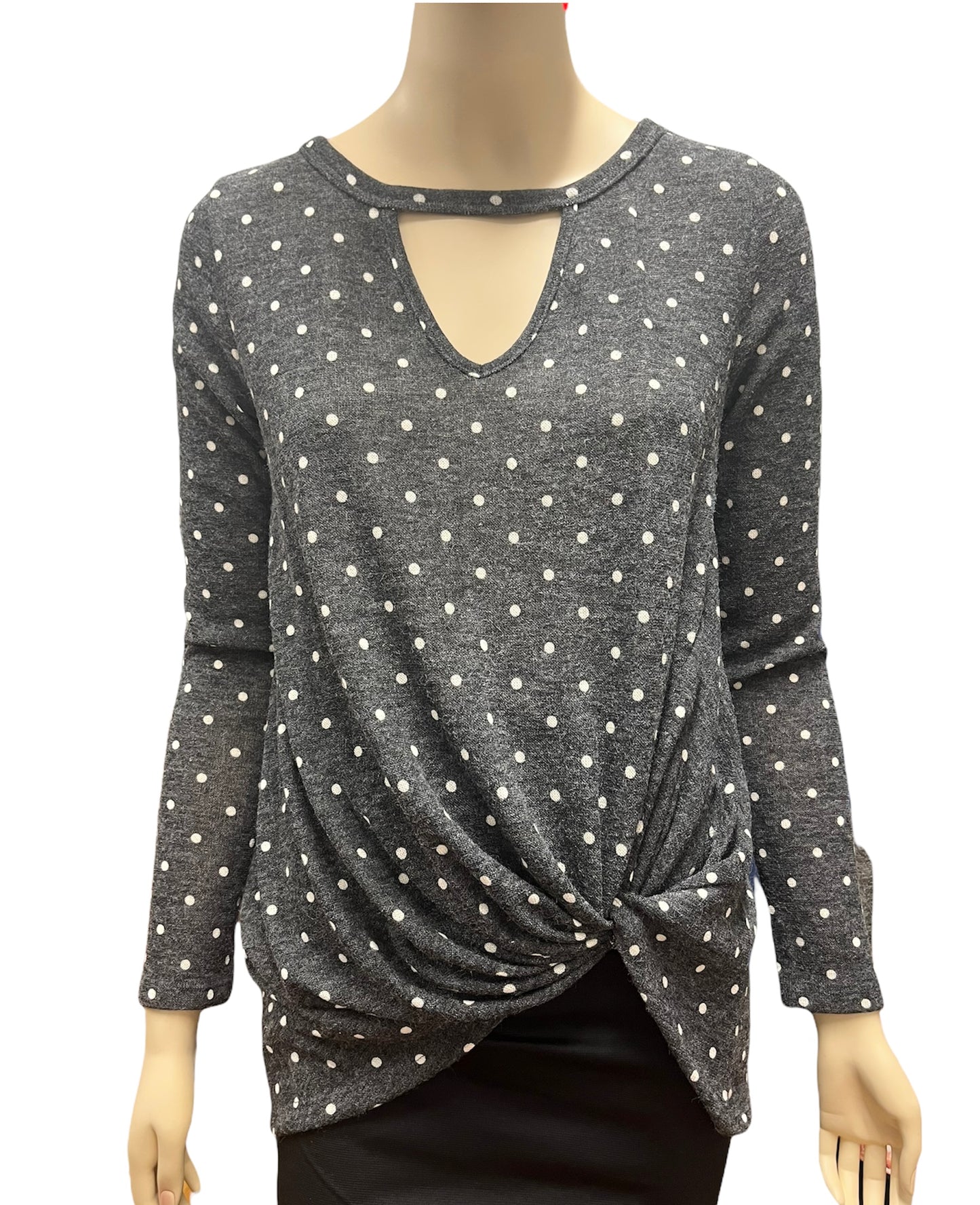Charcoal Keyhole V Neck Sweater w/ Polka Dots