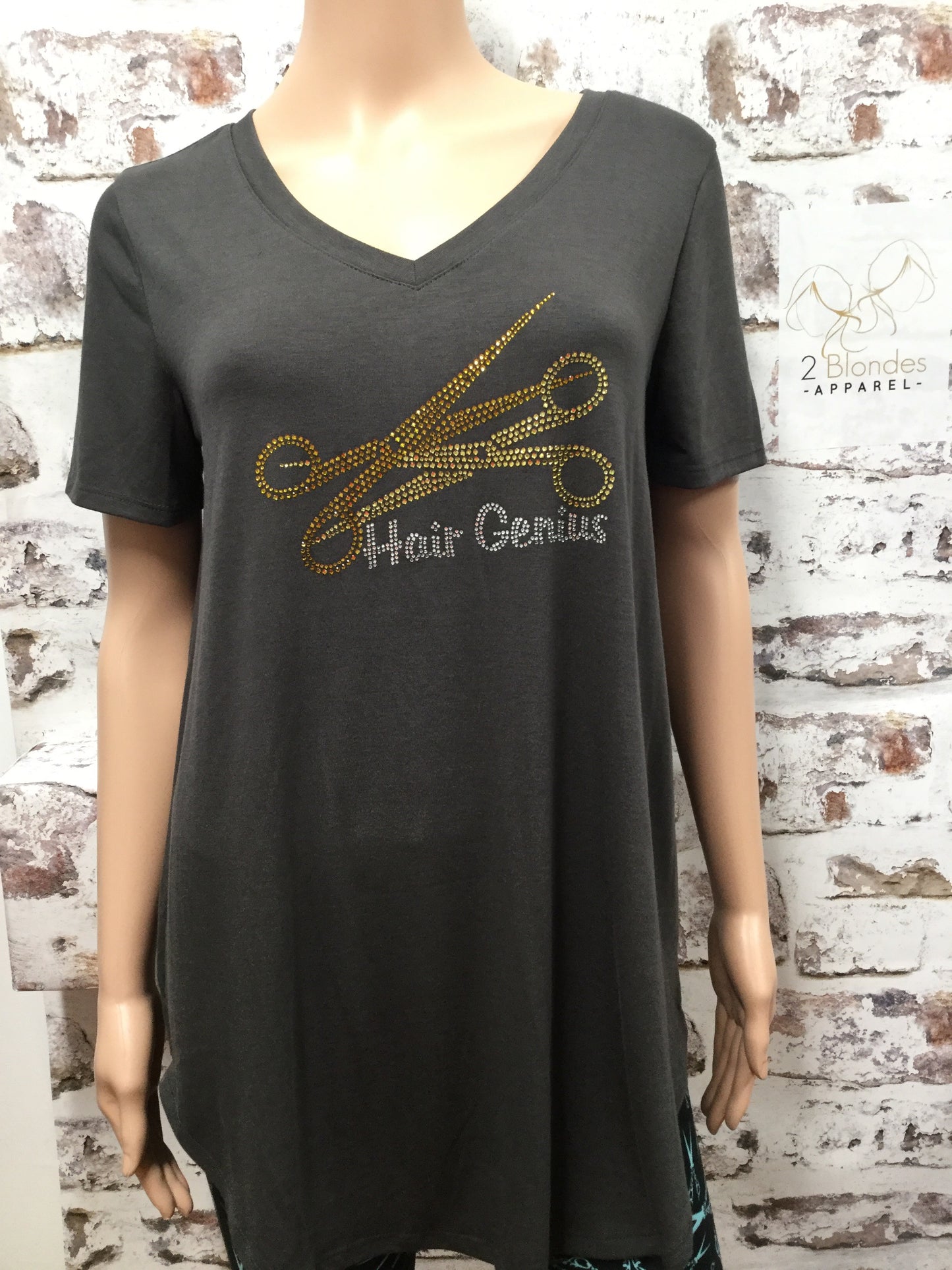 Slate Gray V-neck Tee with Hair Genius Scissor Rhinestones