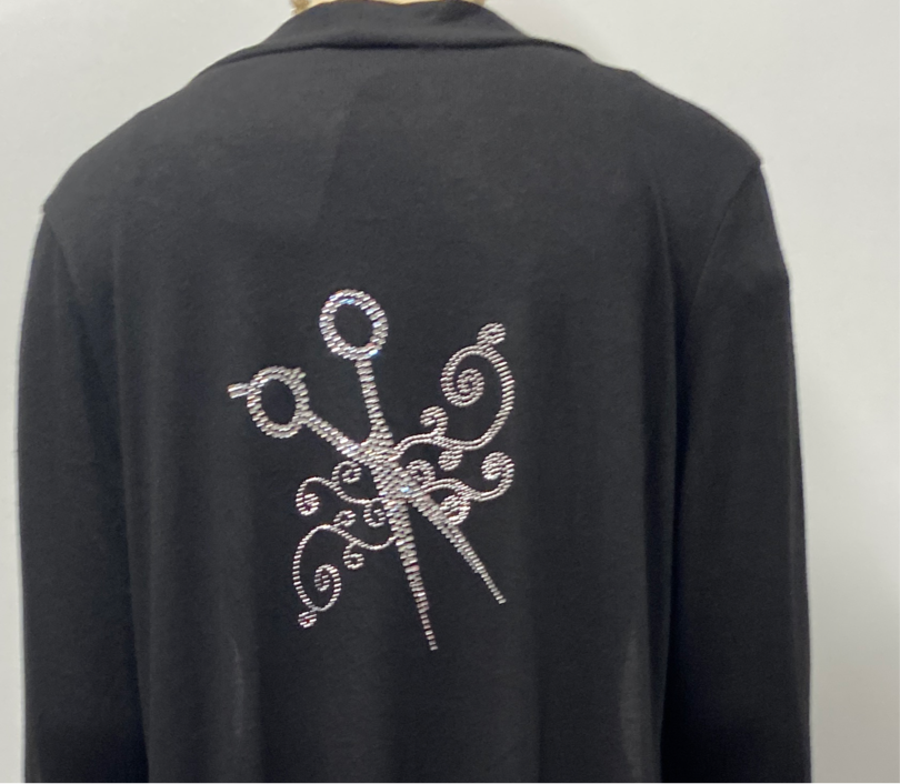 Stylist Long Cardigan with Scissor Rhinestones and Pockets