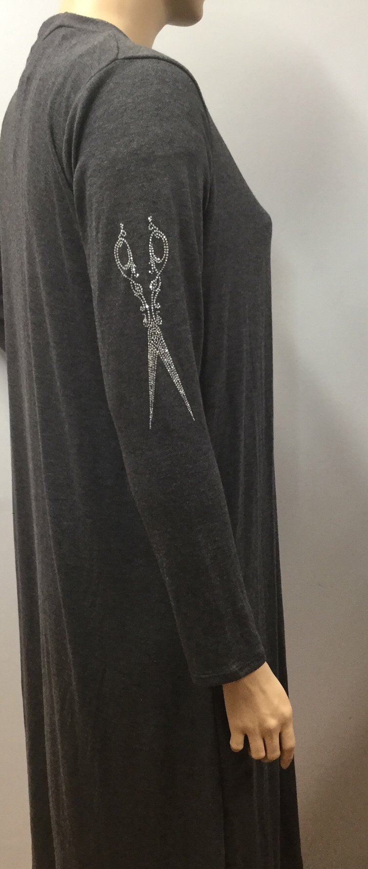Stylist Plus Size Long Sleeve Gray Cardigan with Pockets and Scissor Rhinestone