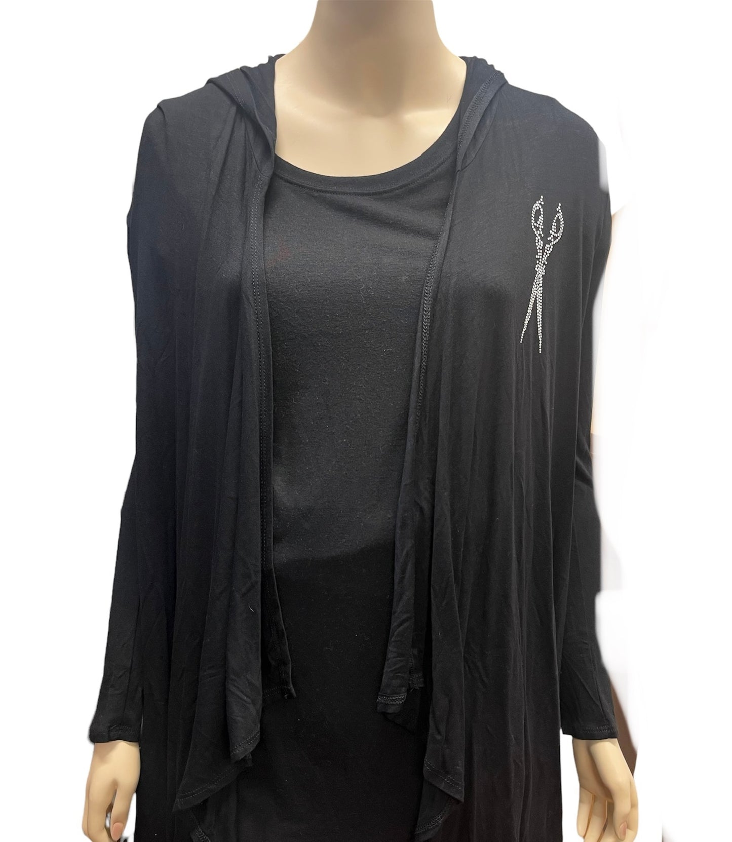 Stylist Mid Length Draped Hood Cardigan with Scissor Rhinestone