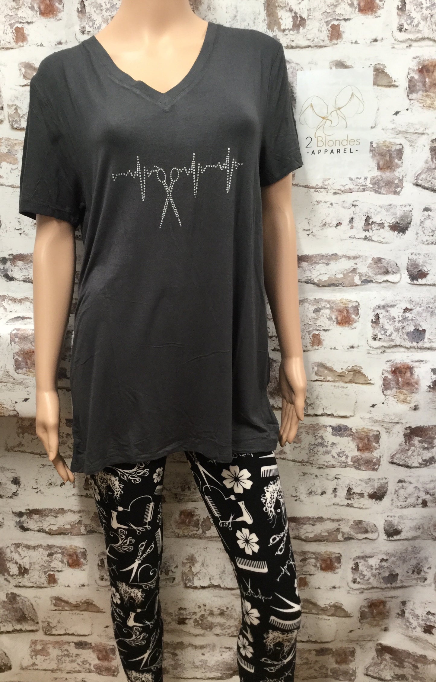 Slate Gray V Neck with Clear Scissor Heartbeat Rhinestones