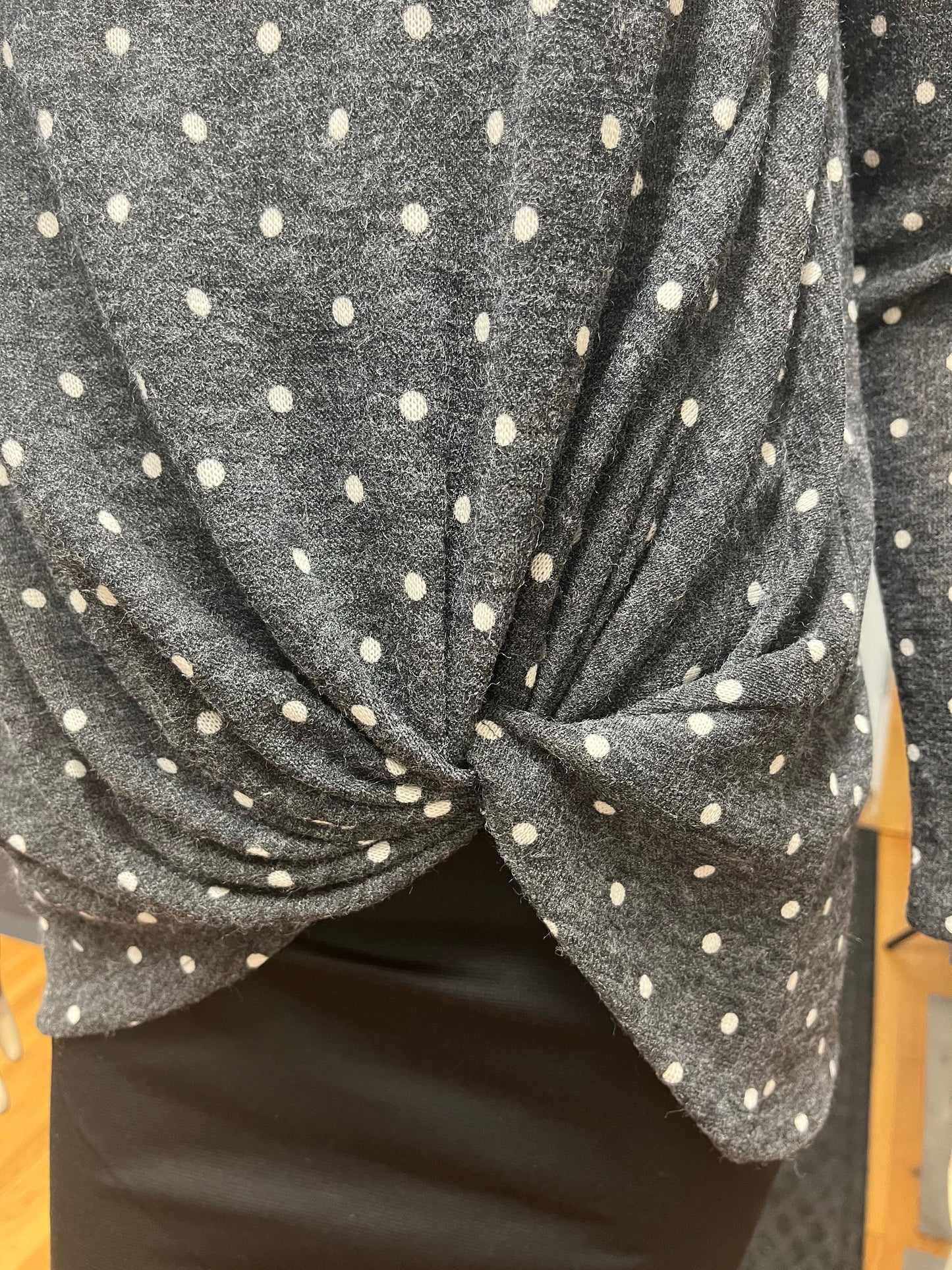 Charcoal Keyhole V Neck Sweater w/ Polka Dots