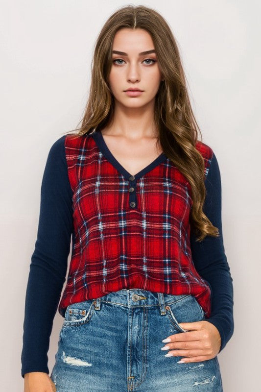 V Neck Plaid Top