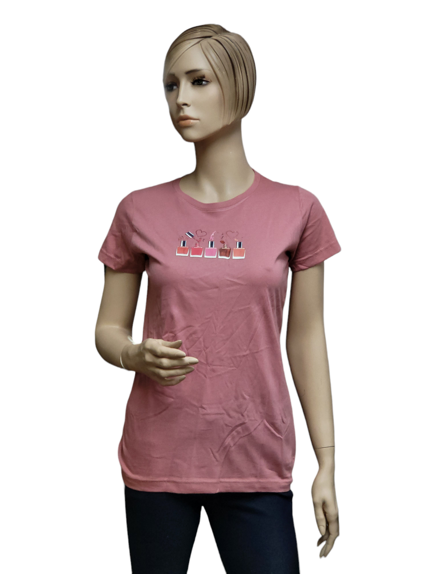 Pink Blush Cotton T Shirt with Square Nail Polish Bottles
