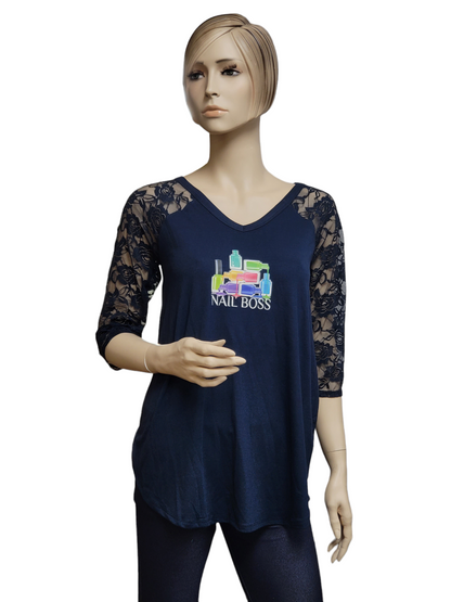 Nail Boss Navy 3/4 Lace Sleeve Tunic