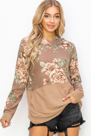 Fleece Floral Print Side Pocketed Hoodie