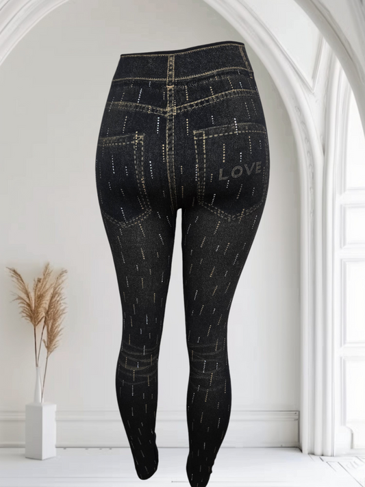 Jean Print Leggings with Glitter Aceent