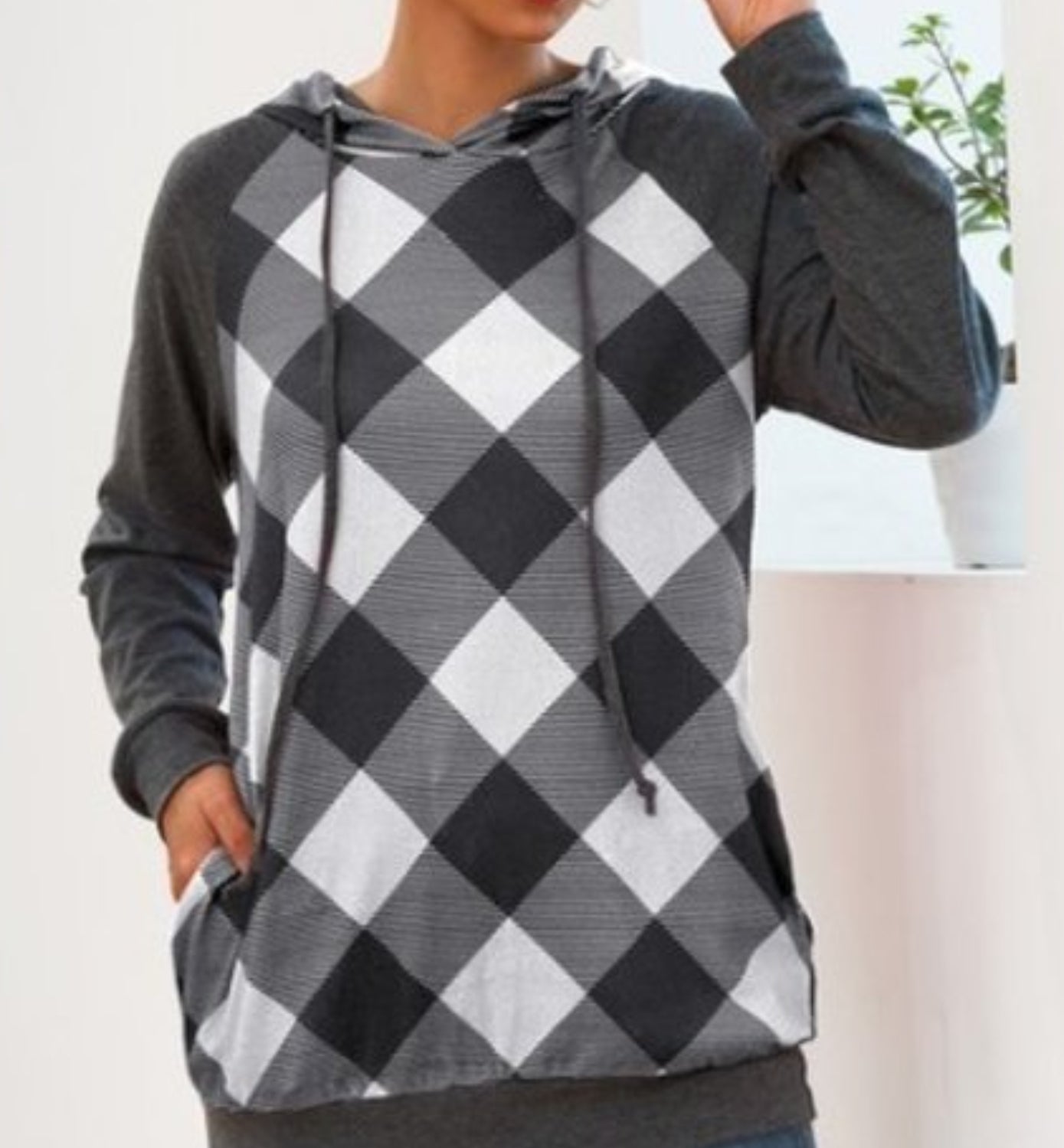 Hooded Plaid Pullover Top