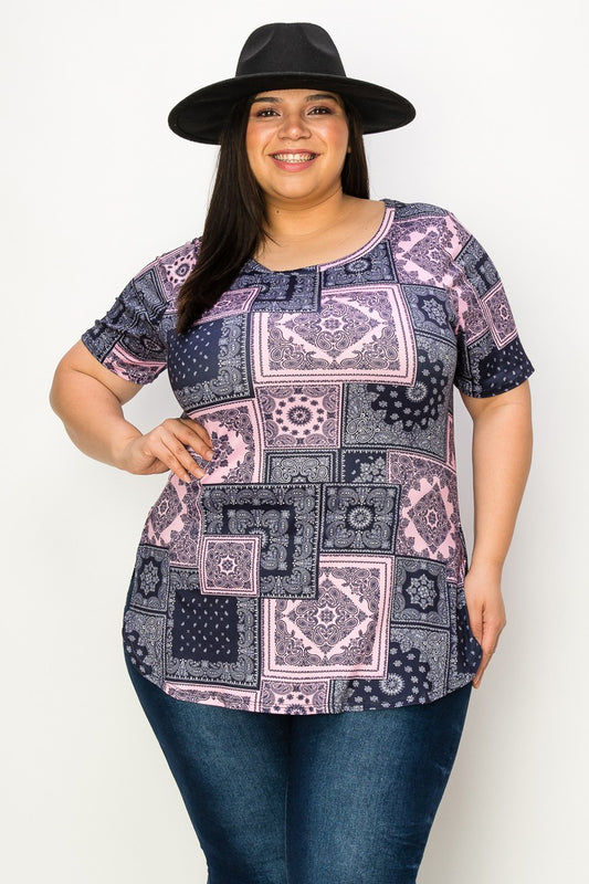 Plus Size Navy & Pink Patterned Top