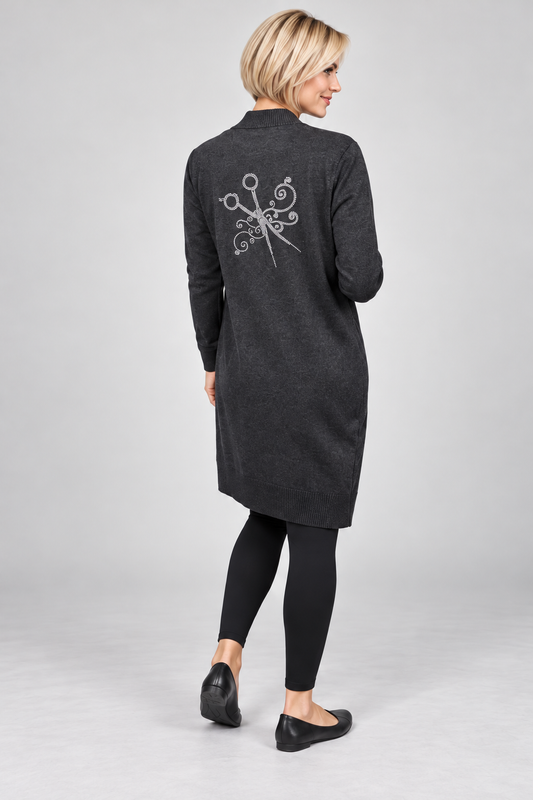 Sweater Cardigan with Rhinestone Scissor Design