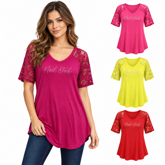 Nail Tech Tunic with Lace Sleeves Multiple Colors