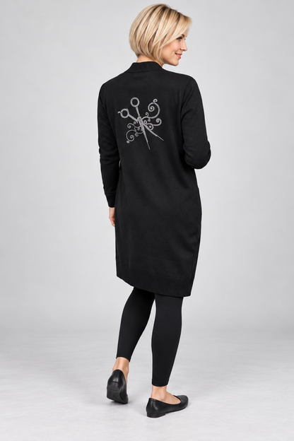 Sweater Cardigan with Rhinestone Scissor Design