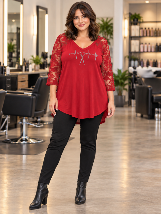 Red 3/4 Lace Sleeve Scissor Heartbeat Tunic