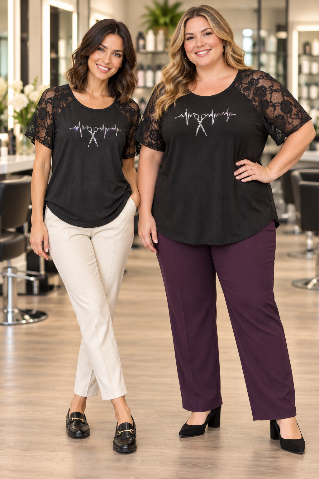 Stylist Lace Sleeve V Neck Scissor Heartbeat Top Size S-3XL
