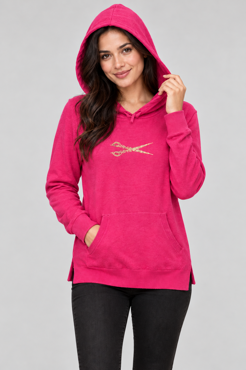 Sweater Hoodie with Gold Scissor Rhinestones