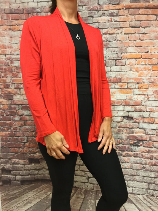 Waist Length Angled Front Red Cardigan