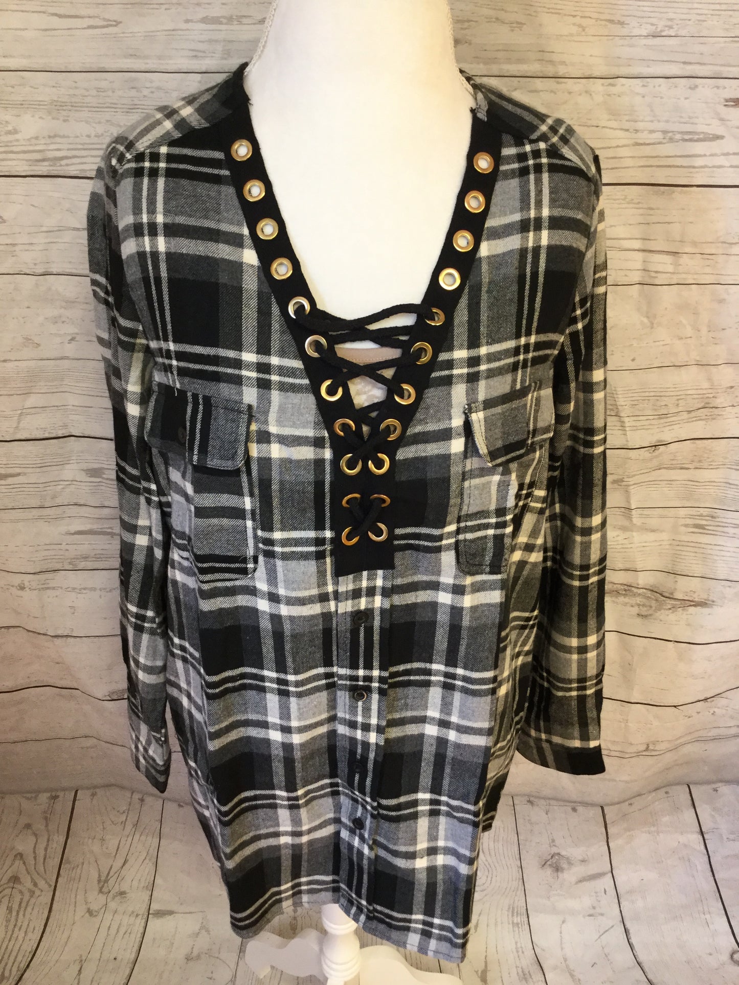Lace Up Plaid Black and White Flannel To