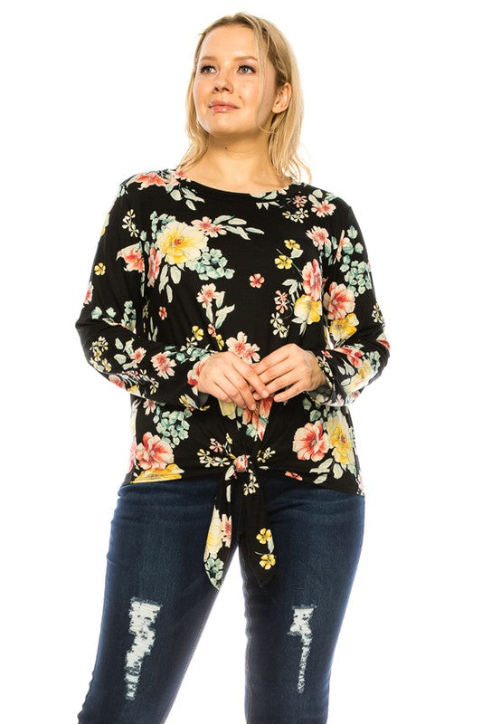 Plus Size Floral Long Sleeve Knotted Top