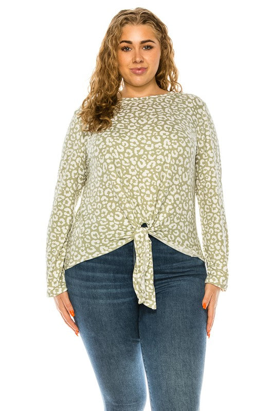 Plus Size Olive Print Long Sleeve Knotted Top