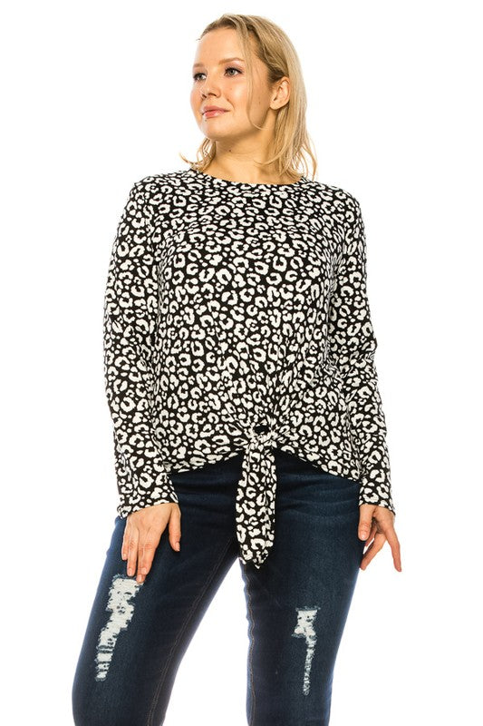 Plus Size Black Print Knotted Top