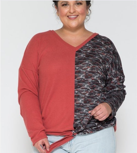 Plus Size Rust Color Top with Tie Accent