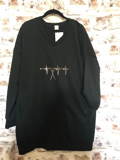 Oversized V Neck Sweatshirt W/ Pockets and Rhinestone Scissor HeartBeat