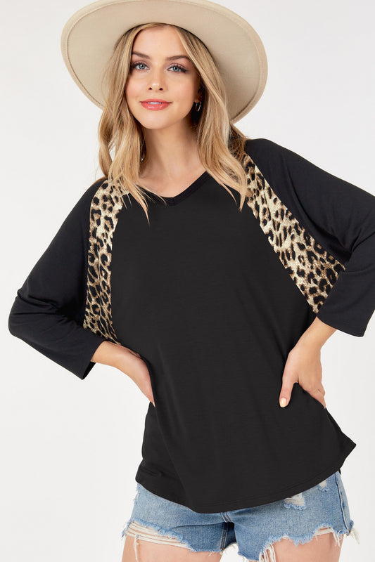 Women's 3/4 Sleeve Top with Animal Print Accent