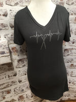 Slate Gray V Neck with Clear  Scissor Heartbeat Rhinestones