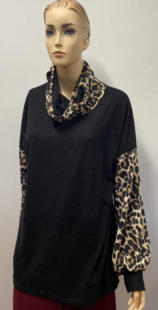 Black Knit Top with Leopard Print Trim
