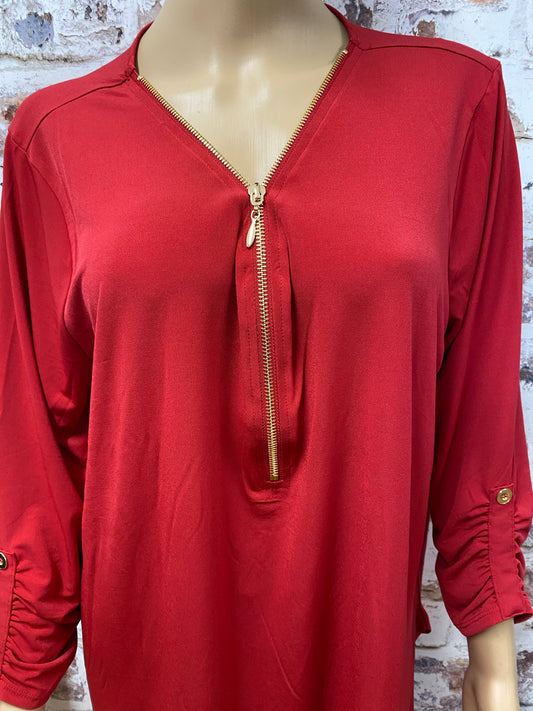 Plus Size Dark Red 3/4 Sleeve  Top with Zipper Accent