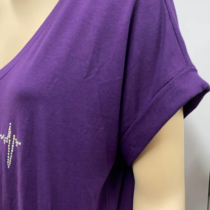 Plum V-neck Tee with Rolled Sleeves with Iridescent Scissor Heartbeat rhinestones