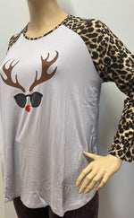 Reindeer T-Shirt with Leopard Print Sleeves