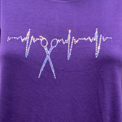 Plum Round Neck Tee with Iridescent Scissor Heartbeat Rhinestones