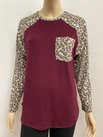 Burgundy Top w/ Leopard Sleeves and Pocket