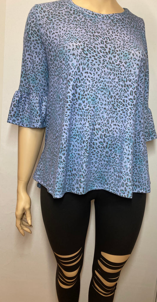 Plus Size Periwinkle Blue Tiny Leopard Print 3/4 Sleeve Top